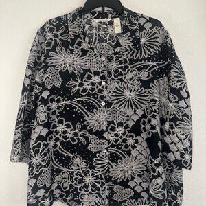 FRENCH LAUNDRY Size XL 100% Silk Black White Floral Blouse Shirt Tunic Top